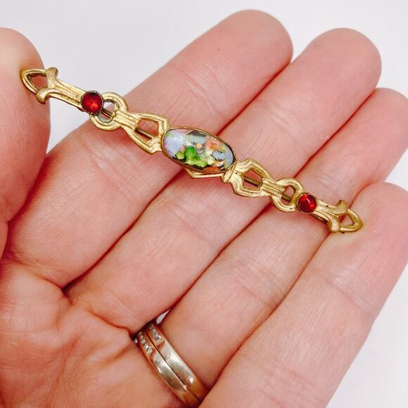 Vintage 1930s Art Deco Gold Tone Bar Brooch Foil Glass Cabochon Czech-style Pin - Picture 2 of 15